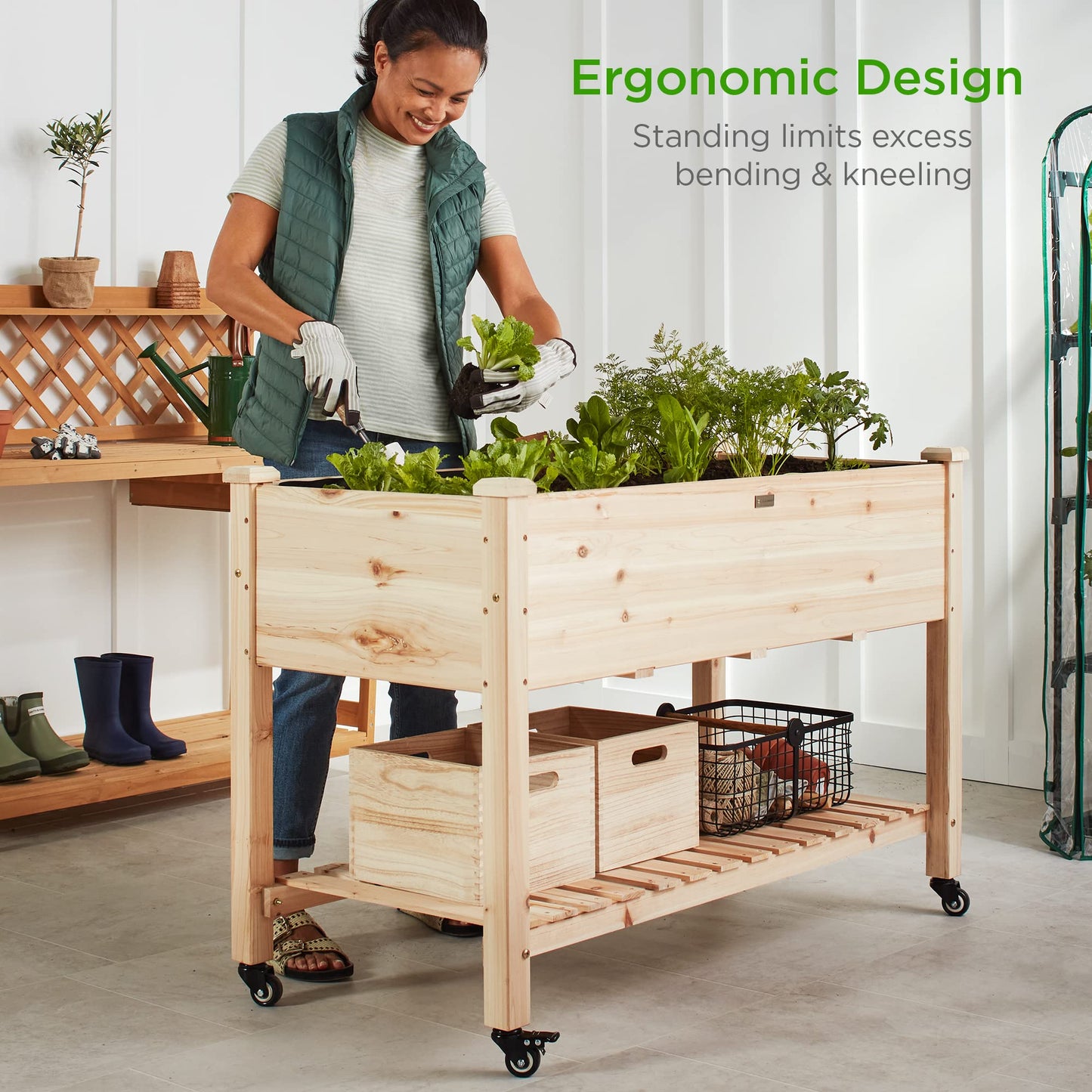Best Choice Products Raised Garden Bed 48x24x32-inch Mobile Elevated Wood Planter w/Lockable Wheels, Storage Shelf, Protective Liner - Natural