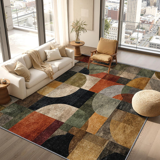 Phtbz Abstract Geometric Rugs for Living Room -Distressed Mid Century Rug, 4x5 ft, Earth Tone Contemporary Area Rug, Color Blocks Washable Rugs for Living Room Bedroom, Mid Century Modern Home Decor