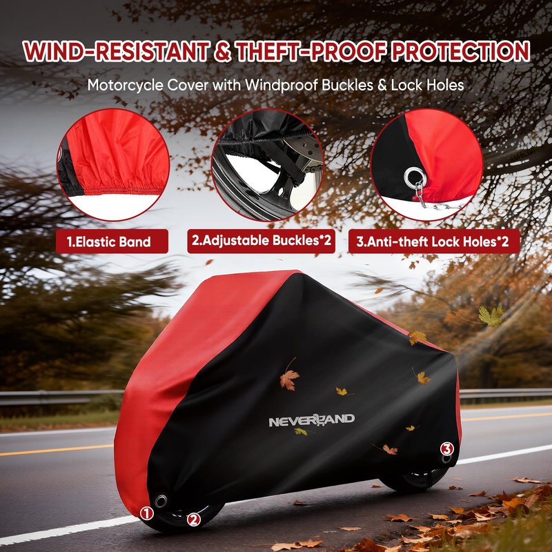 NEVERLAND Motorcycle Cover Waterproof Outdoor - All Season Scooter Covers Heavy Duty with 2 Lock-Holes, Bandage & Storage Bag Fits Most Motorcycles, Scooters, Dirt Bikes, Sportbikes (Up to 86”)