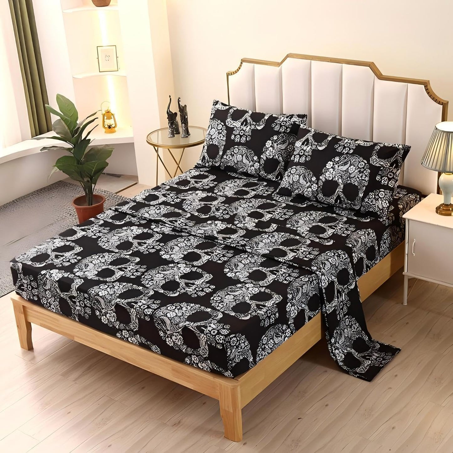 SDIII 4PCS Sugar Skull Queen Sheet Set, Soft Microfiber Gothic Queen Sheets Set Skeleton Printed, Goth Halloween Sheets Queen Deep Pocket Hotel Luxury