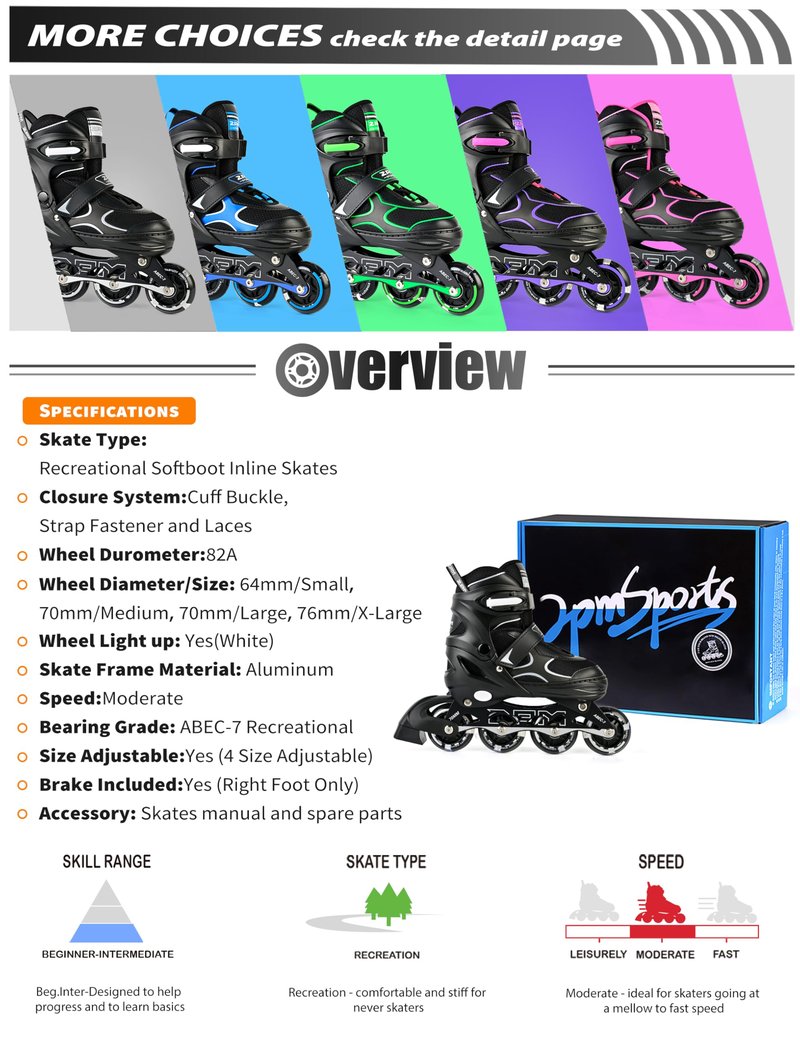 2PM SPORTS Inline Skates for Kids Girls Boys Ages 5-8 8-12 4-6 6-12 with Light Up Wheels, Adjustable Roller Skates Blades for Adults Men Women Male Beginners Youths, Black Large