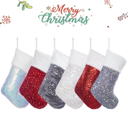 BHD BEAUTY Christmas Stockings 6 Pack for Family 20 inches Red/White/Grey Sequin Sparkle Glitter with Large Plush Cuff Classic Fireplace Tree Decorations Hanging Ornament for Xmas Season Party Decor