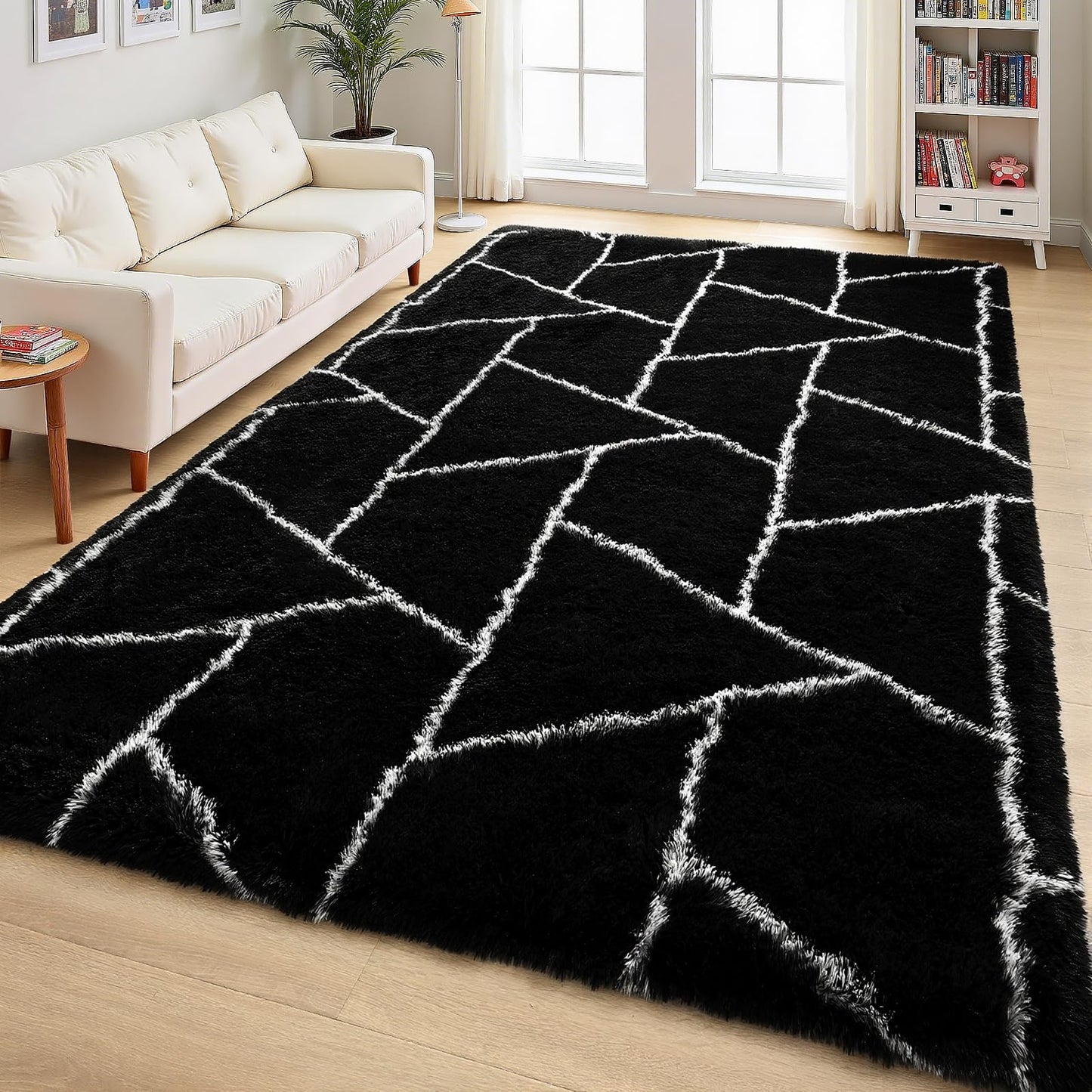 FALARK Fluffy Area Rugs for Living Room Bedroom, Modern Geometric 4x6 Feet Black Rug, Soft Plush Shaggy Fuzzy Floor Bedside Carpet for Nursery Kids Girls Boys Teen Dorm Home Office Decor