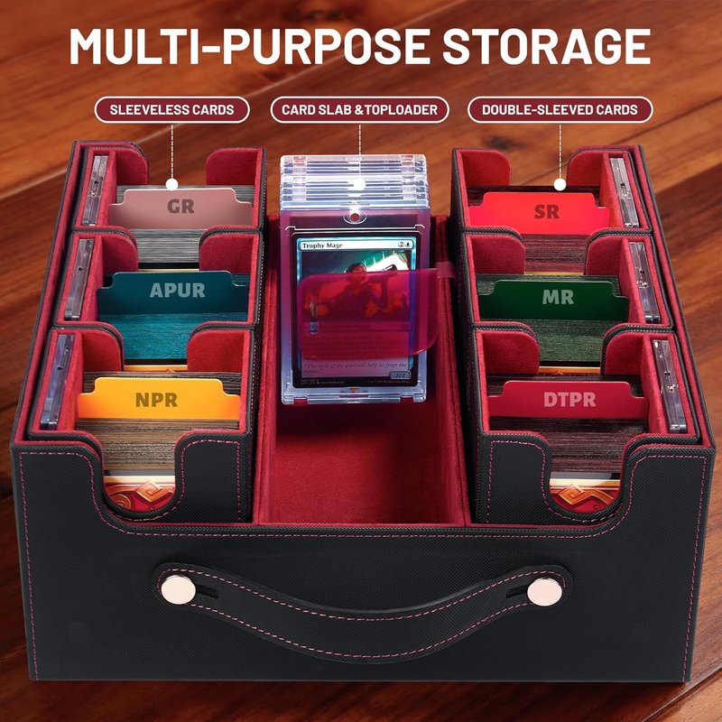 Commander Deck Box - 7-in-1 Trading Card Storage with Handle, 6 Toploaders & Colorful Dividers | Black & Red