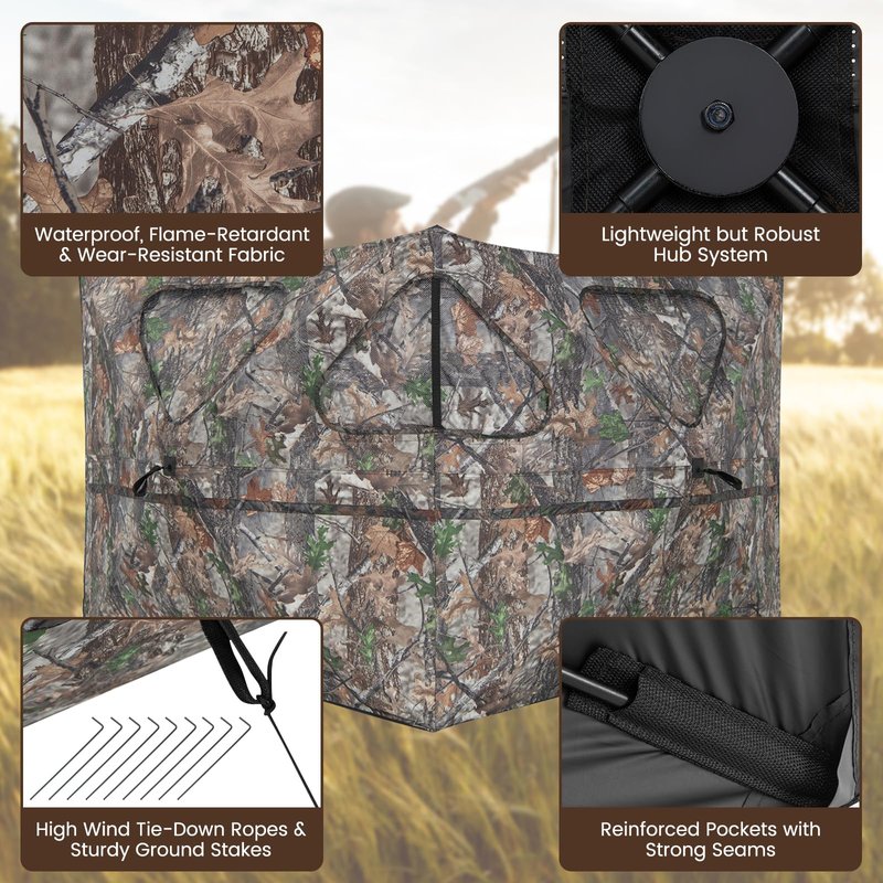 GYMAX Hunting Blind, 2-Panel See Through Pop Up 2-3 Persons Camouflage Deer Blind with Windows & Carrying Bag, Portable Folding Outdoor Ground Blind for Deer Turkey Hunting Gear Accessories