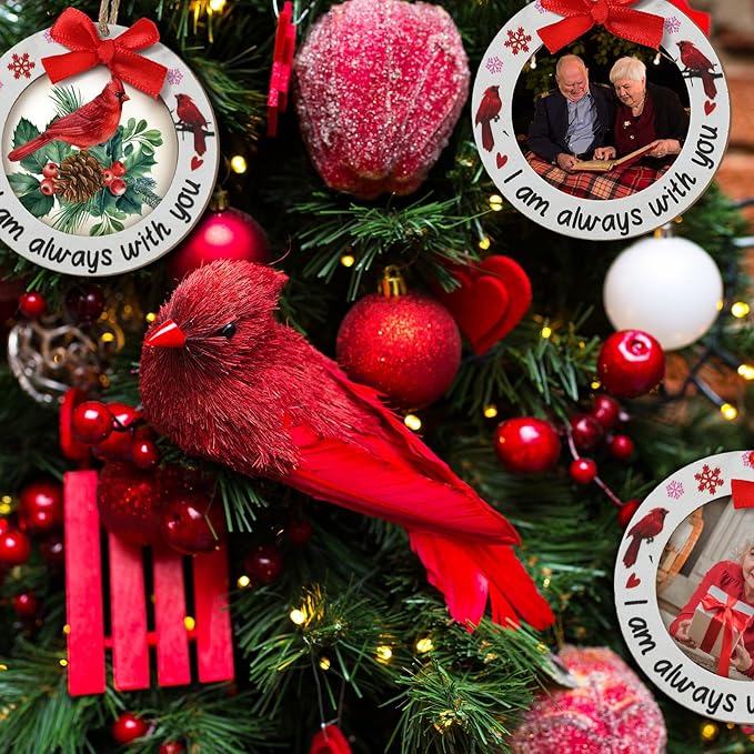 Blulu 24 Pieces Christmas Red Cardinal Picture Frames Ornaments - Wooden Photo Ornaments 'I Am Always with You' for Xmas Tree Decoration - Sympathy Memorial Gifts