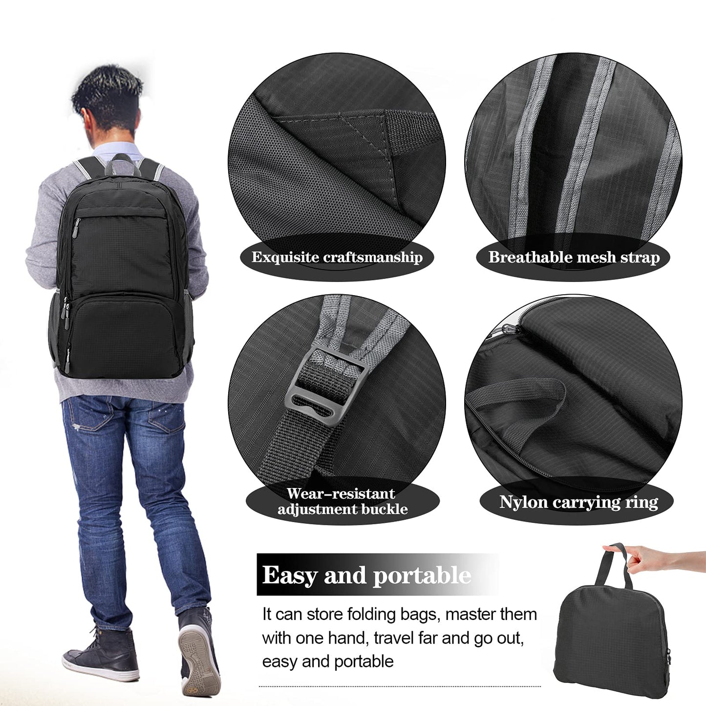Dewellyoo Lightweight Hiking Backpack, Foldable Outdoor Camping Hiking Travel Multi-functional Camping Trekking Rucksack Travel Climbing Mountaineer Outdoor Sport Daypack Bag for Men Women (Black)