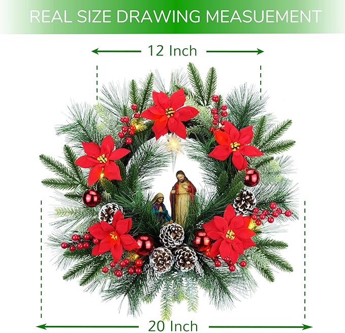 YULETIME 20" Pre-Lit Nativity Wreath, Battery Operated with 10 Fairy Lights, Holy Family Nativity Statue, Star of Bethlehem, Pine Cones, Red Poinsettia & Berries, Pine Needles (Nativity Poinsettia)