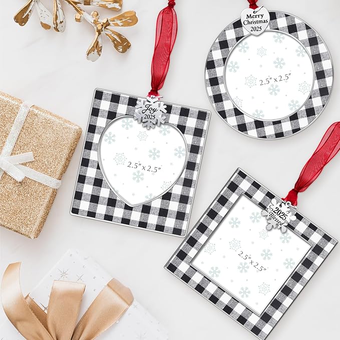 GUOER 3PCS Christmas Tree Ornaments Set Picture Frame Ornament Holiday Keepsake Gift Home Decor Christmas Decorations Xmas Gifts Pendant with 2.5” Photo Frame Insert (Black White 2025)
