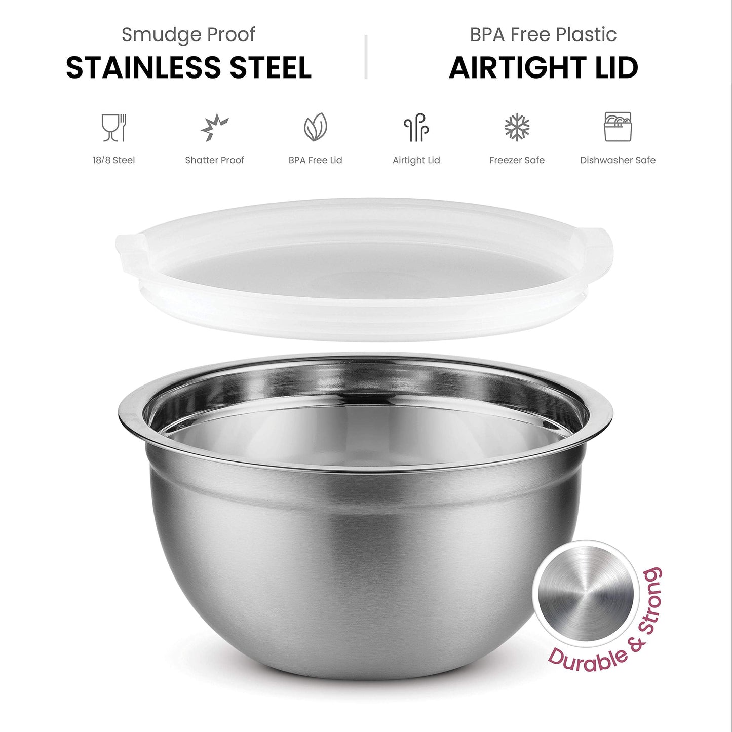 FineDine Mixing Bowls Set , 10 Piece Set ,(5 Bowls +5 Lids) Stainless Steel