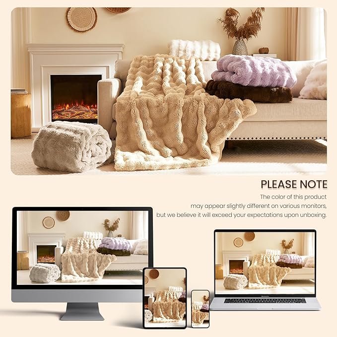 L'AGRATY Faux Rabbit Fur Blanket: 50" x 60" Luxury Soft Fluffy Thick Fur Throw Blanket for Couch Bed Sofa - Cozy Plush Bubble Blankets for Winter: Warm Flannel Fleece Decorative Blanket(Castle Grey)