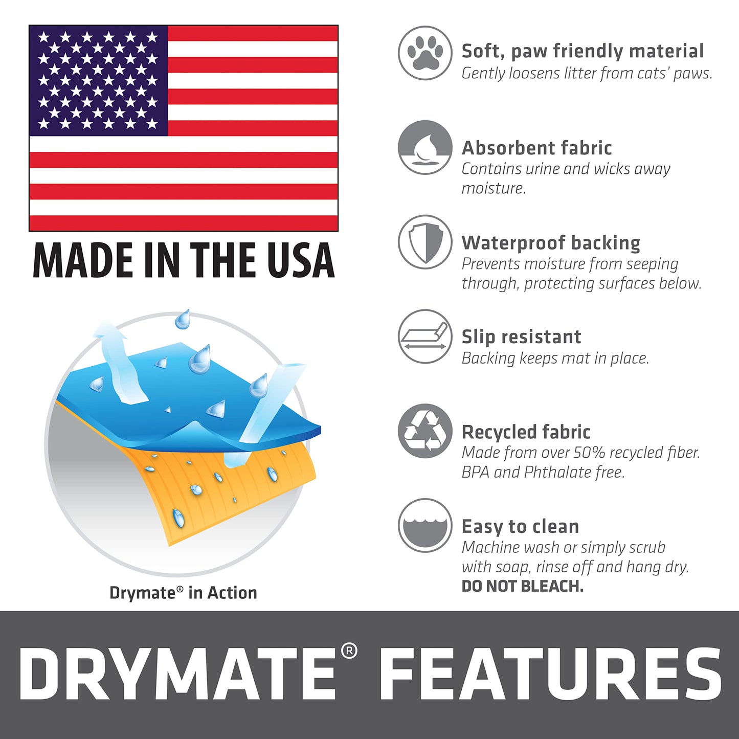Drymate Cat Litter Box Mat, Litter Trapping Mat, Waterproof, Urine-Proof, Absorbent, Machine Washable, Soft on Paws, Contains Mess, Protects Floors, Kitten Supplies, Light Grey, 29x36 XL