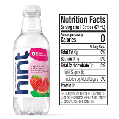 Hint Fruit-Infused Bottled Water, Strawberry Watermelon - Sugar Free Flavored Water with Zero Calories, Naturally Flavored, and No Artificial Sweeteners - 16 Fl Oz (Pack of 12)