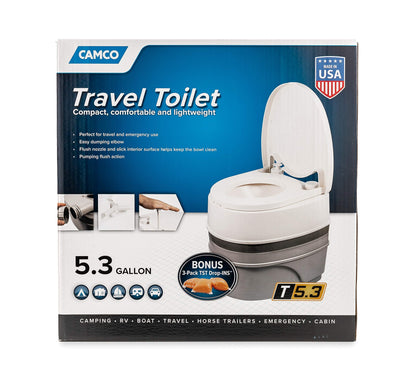 Camco Premium Portable Travel Toilet With Three Directional Flush and Swivel Dumping Elbow | Designed for Camping, RV, Boating And Other Recreational Activities - (5.3 gallon) (41545),White