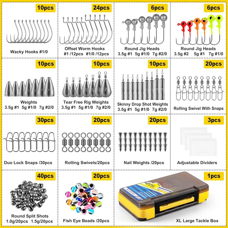 PLUSINNO 229PCS Fishing Accessories Kit with Double-Side Fishing Tackle Box, Abundant Fishing Gear Include Fishing Hooks Jig Head Weights Sinkers, Fishing Equipment for Trout Bass Crappie