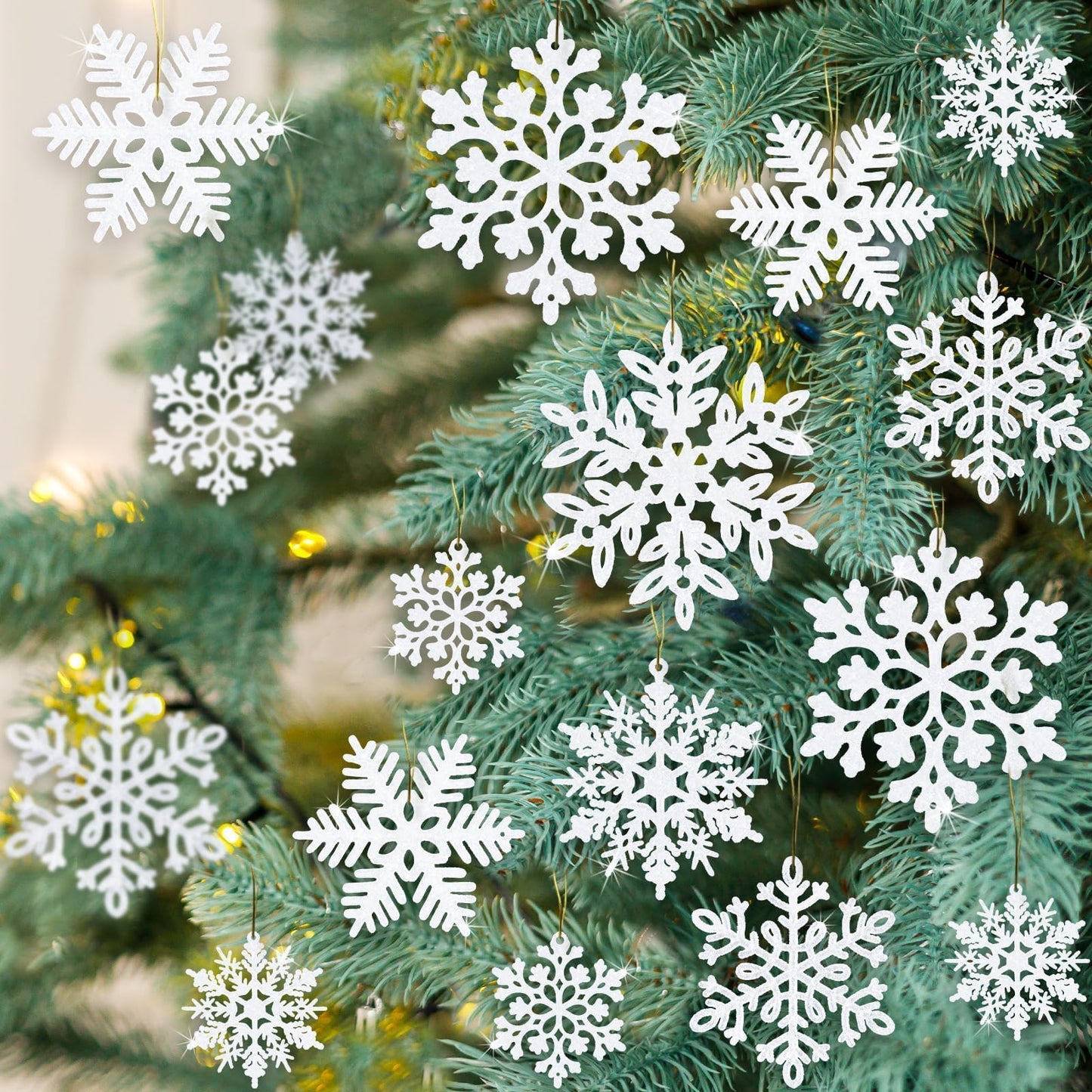 kockuu 49Pcs Christmas Ornaments Snowflake Decorations - White Glitter Christmas Ornaments Hanging Snowflakes for Winter Christmas Tree Wall Ceiling Window Ornaments