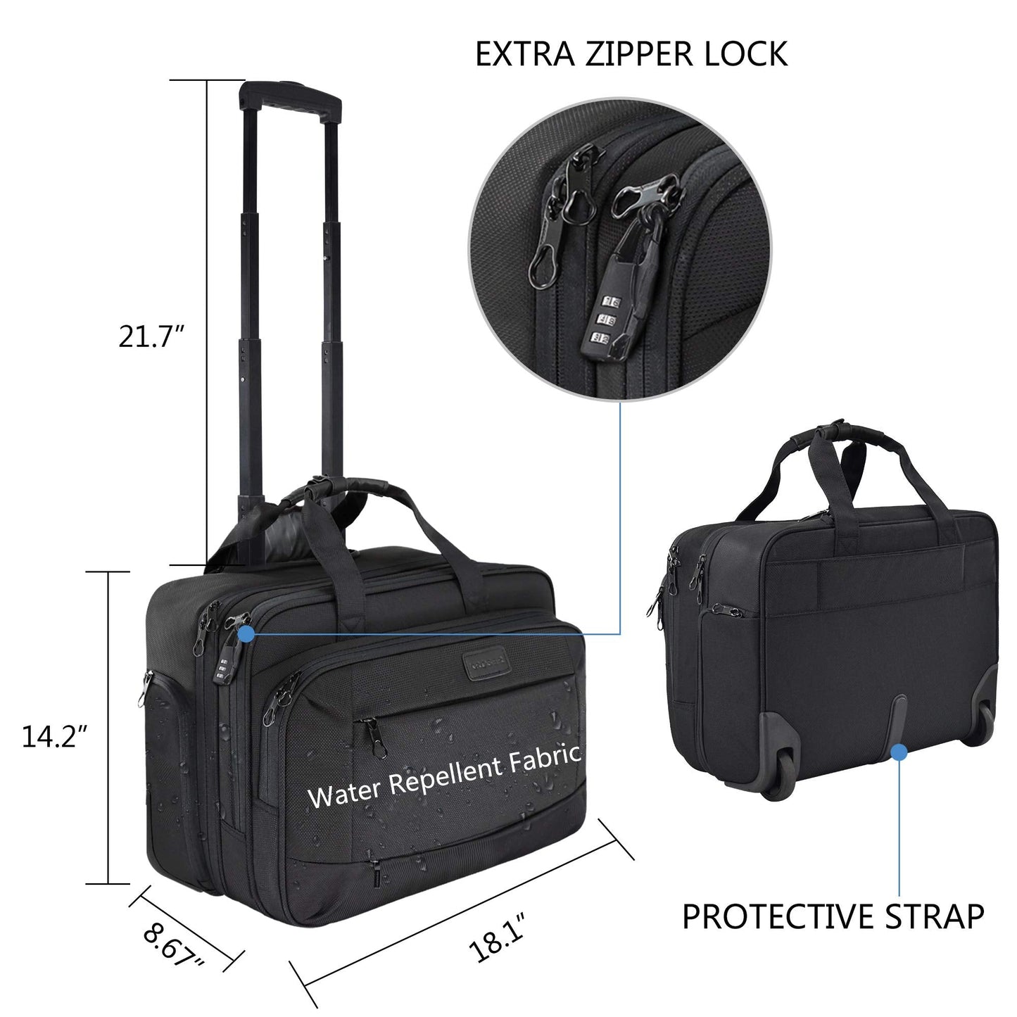 KROSER Rolling Laptop Briefcase Premium Wheeled Laptop Bag Fits Up to 17.3 Inch Laptop Water-Repellent Computer Bag Overnight Roller Case with RFID Pockets for Business/Travel/College/School/Men/Women