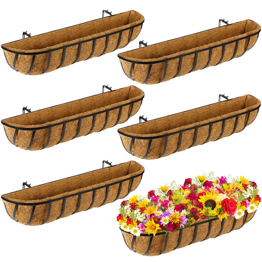 Tessco for you 6 Pieces Railing Planter Boxes, 30 Inches Window Box Planters with Coco Liner and Adjustable Brackets for Deck Porch Fence Patio Balcony Gardening Outdoor Plants