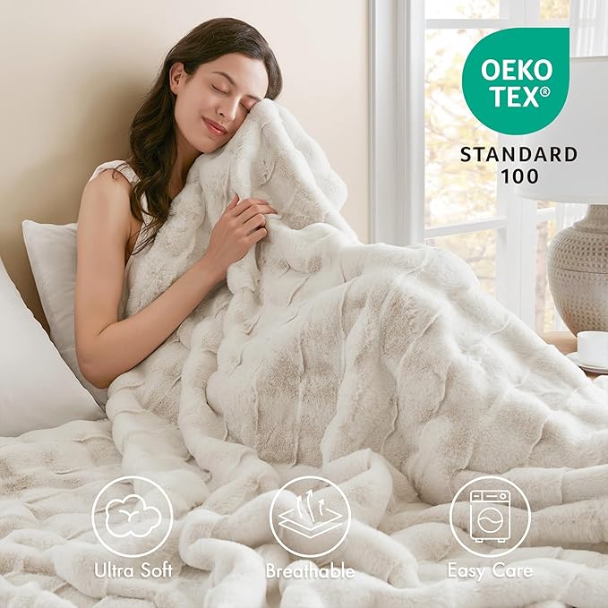 Madison Park Luxuriously Cozy Soft Long Faux Fur Throw Basketweave Blanket Reversible Soft & Snuggly Velvet Throw, Lightweight, Breathable Trendy Room Décor Summer Blanket, 50x60, Ivory