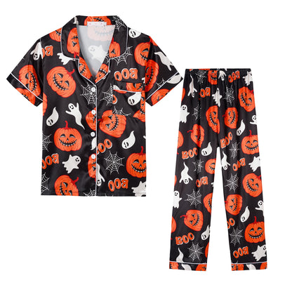 Hupohoi Unisex Kids Boys and Girls Pajama Sets Summer Short Sleeve Long Pants 2pcs Silky Sleepwear Button Down Loungewear, Pumpkin, 10