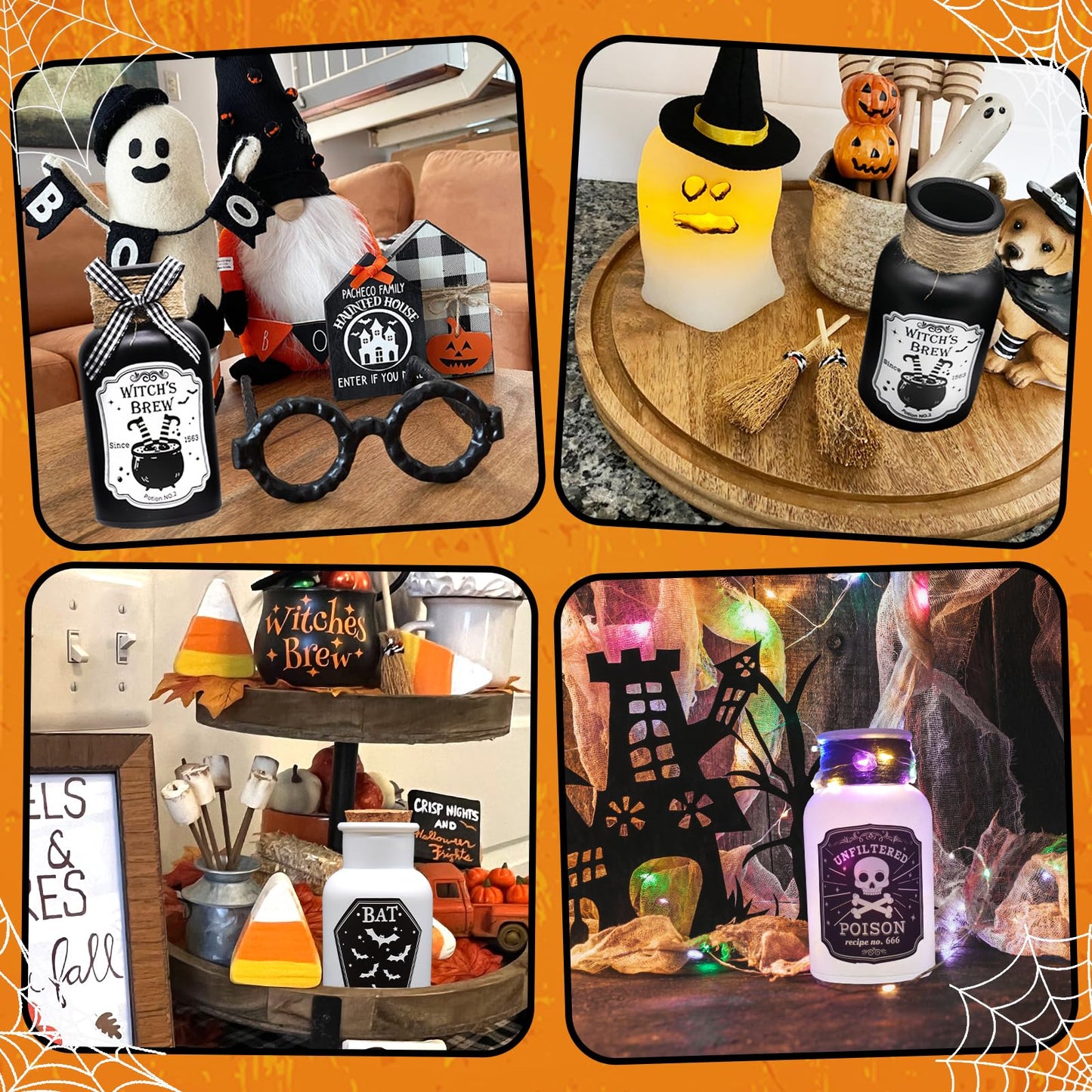 Ainswei Halloween Decorations Indoor, 4 Potion Bottle with Cork, 12PCS Label Halloween Stickers, Black and White Apothecary Glass Bottles, For Tiered Tray Table Home Room Halloween Decor