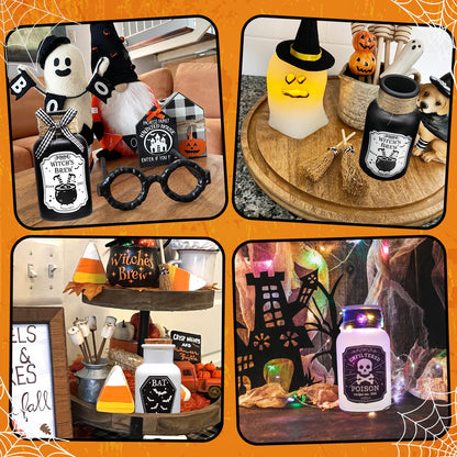 Ainswei Halloween Decorations Indoor, 4 Potion Bottle with Cork, 12PCS Label Halloween Stickers, Black and White Apothecary Glass Bottles, For Tiered Tray Table Home Room Halloween Decor