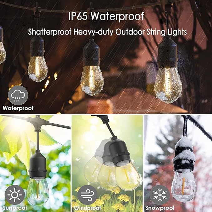 48FT Outdoor String Lights LED Heavy-Duty Waterproof Patio Lights with 16 Shatterproof Plastic 2200K Warm White Bulbs for Patio Gazebo Pergola Cafe Market Bistro