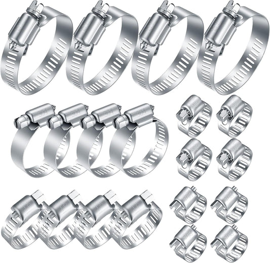 20Pcs Adjustable Stainless Steel Hose Clamps Assortment Kit, 1/4-2 in (6-51mm) Worm Gear Pipe, Fuel LineHeavy Duty for Plumbing, Washing Machine, Mechanical，Garden and Automotive Hose Connections