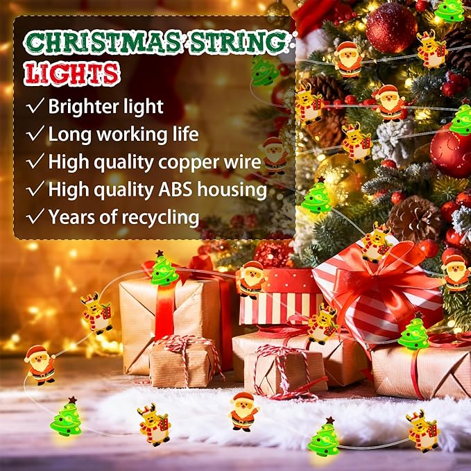 pozzolanas Christmas Fairy Lights, LED Christmas Tree Santa Claus Snowman Moose Lights Decoration, Waterproof Battery Powered Indoor Outdoor Decoration String Lights - 2Pack