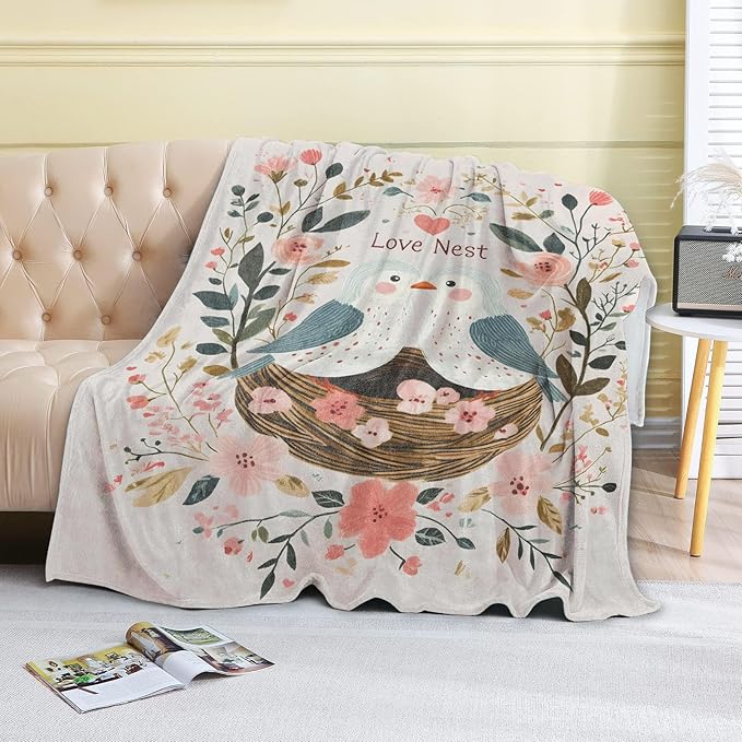 Bird Love Nest Fleece Blanket - 50x60in Cute Two Birds Flower Romantic Throw Blankets,Soft Cozy Lightweight, Ideal for Bed Living Room Home Whimsical Decor and Girls Women Gifts