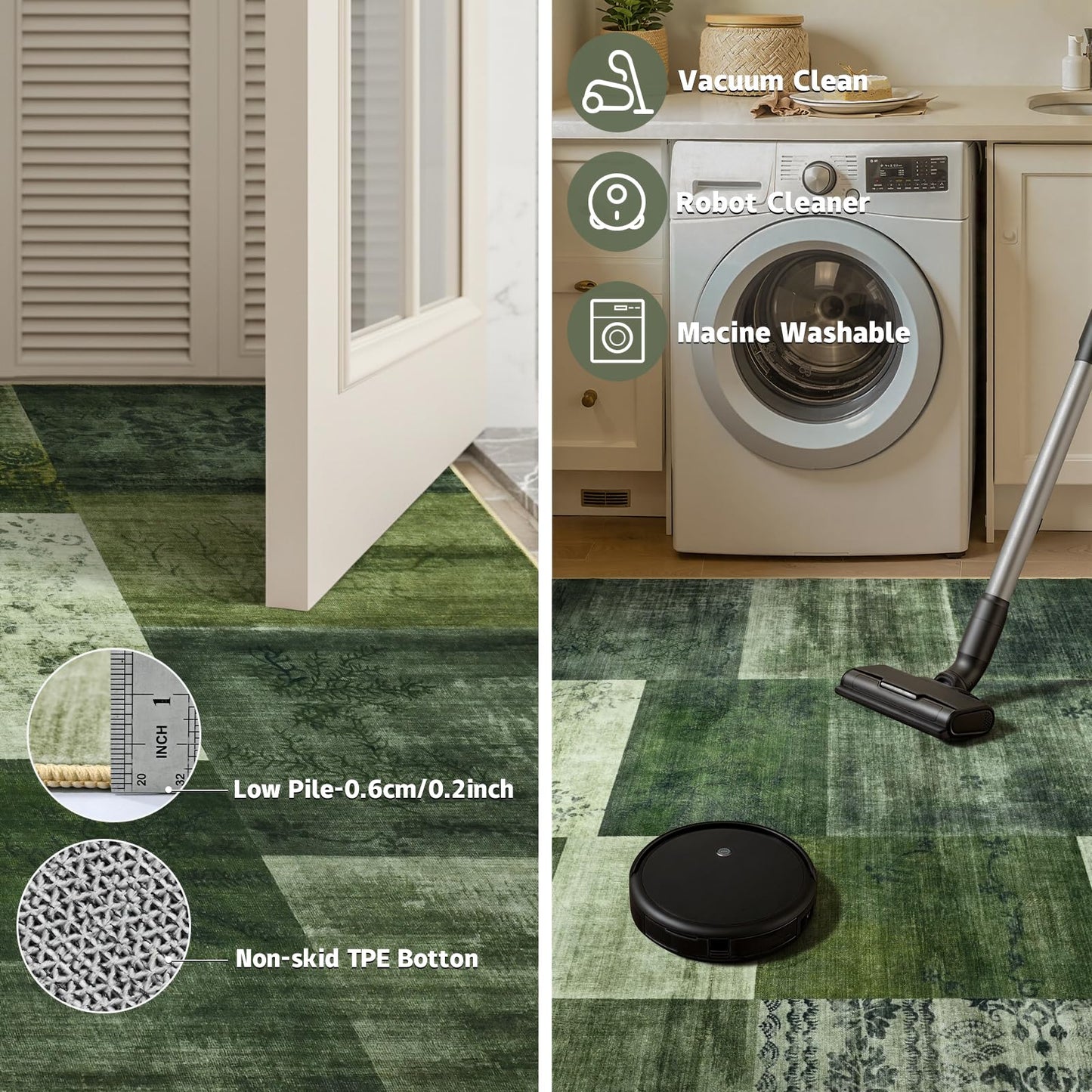 DweIke Washable Area Rugs 4x6 for Living Room, Modern Geometric Green Soft Patchwork Carpet, Non-Slip Stain Resistant Throw Rug for Bedroom Dining Room Office Home Decor