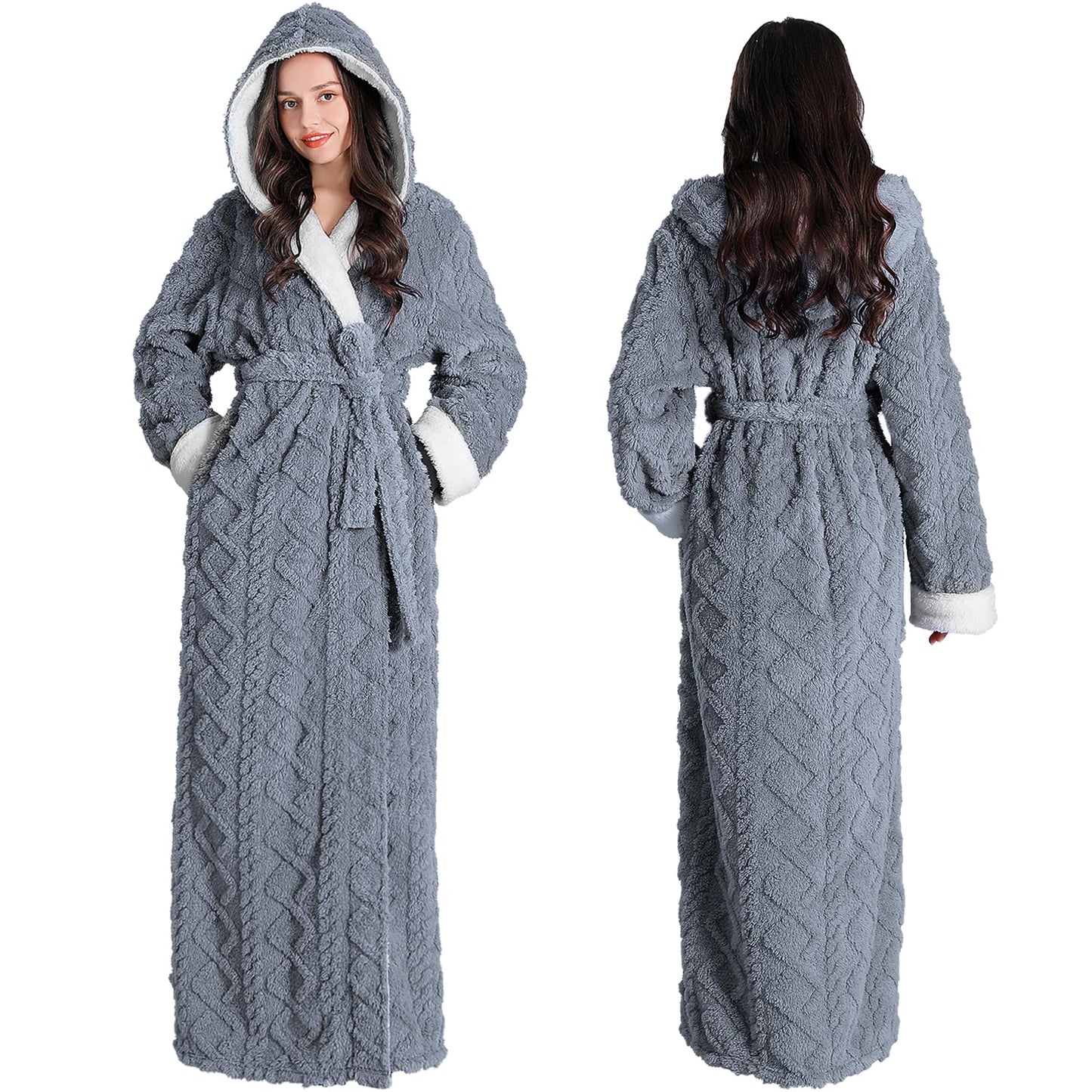 Oksun Womens Long Dressing Gown Robe Full Length Ladies Fluffy Plus Size Fleece Hooded Winter Warm Bathrobe (Grey,XL)