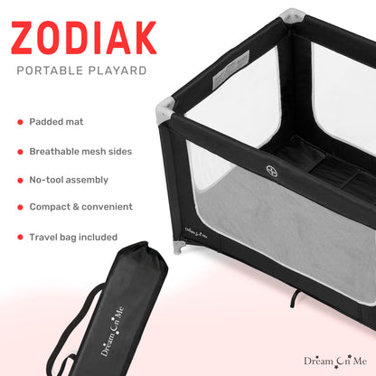 Dream On Me Zodiak Portable Playard in Black, Lightweight, Packable and Easy Setup Baby Playard, Breathable Mesh Sides and Soft Fabric - Comes with a Removable Padded Mat