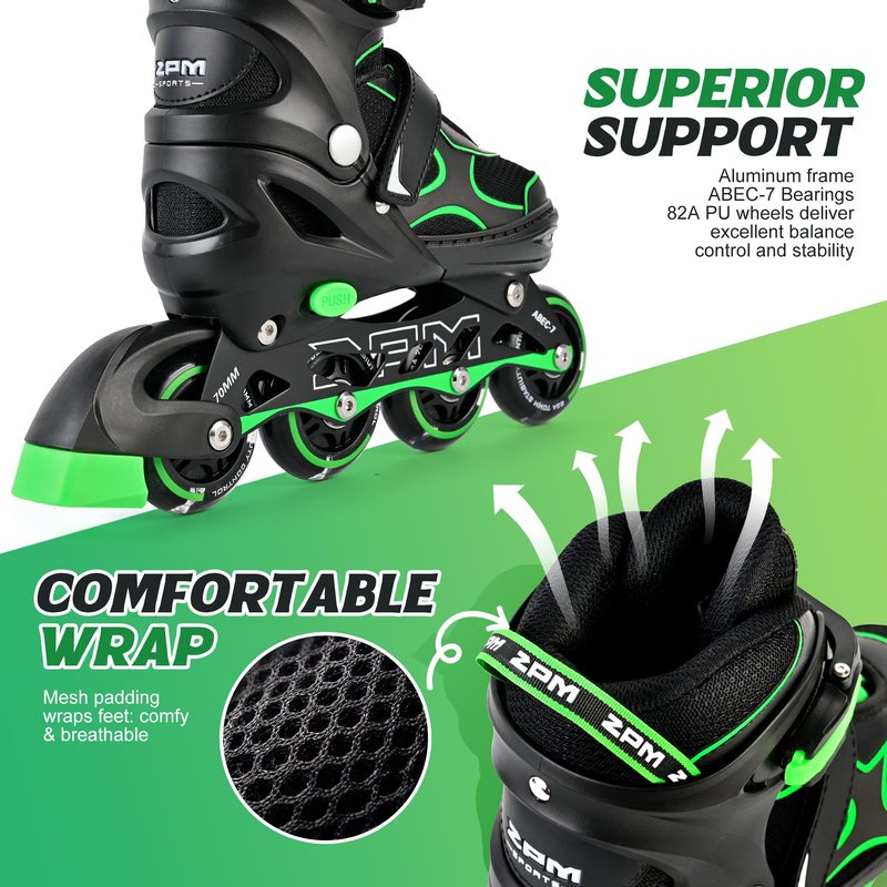 2PM SPORTS Inline Skates for Kids Girls Boys Ages 4-8 8-12 4-7 7-12 10-14 with Light Up Wheels, Adjustable Kids Roller Skates Blades for Adults Men Women Beginners Youths Green, Size Large