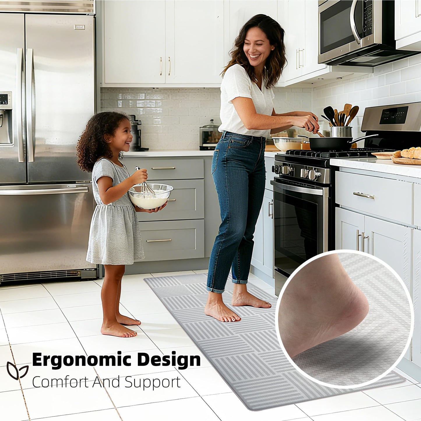 Kitchen Mats For Floor 2 Piece Cushioned Anti Fatigue Kitchen Plaid Rugs Set Non Slip Waterproof Comfort Foam Standing For Laundry,Desk,Office,Bathroom,Apartment Decor,17.3"X29"+17.3"X47",Grey
