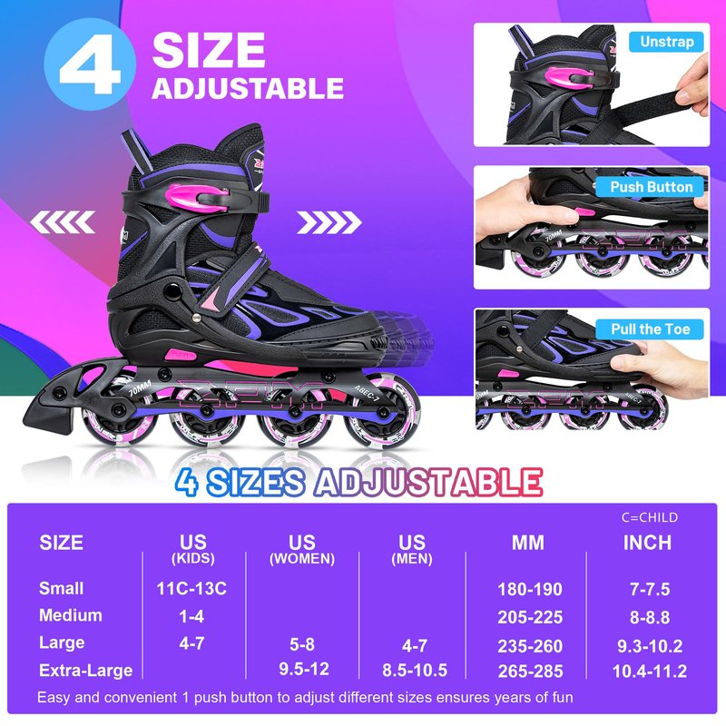 2PM SPORTS Vinal Girls and Boys Adjustable Flashing Inline Skates, All Wheels Light Up, Fun Illuminating for Kids and Women - Violet S