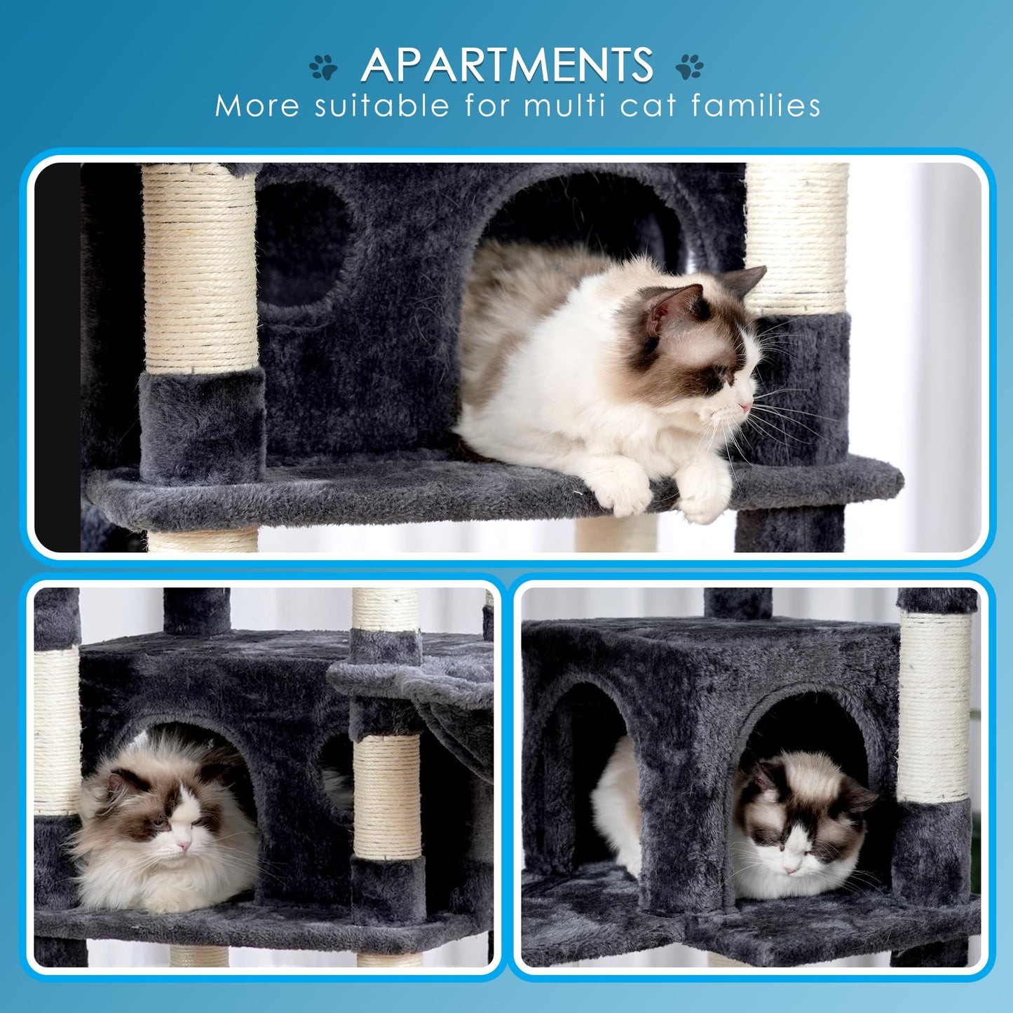 Hey-brother Cat Tree, 74 inches Multi-Level XL Large Cat Tower for Indoor Cats with Three Cat Condos, Two Large Top Decks and Cat Hairbrushfor Kittens, Cats and Pets, Smoky Gray MPJ035-MG