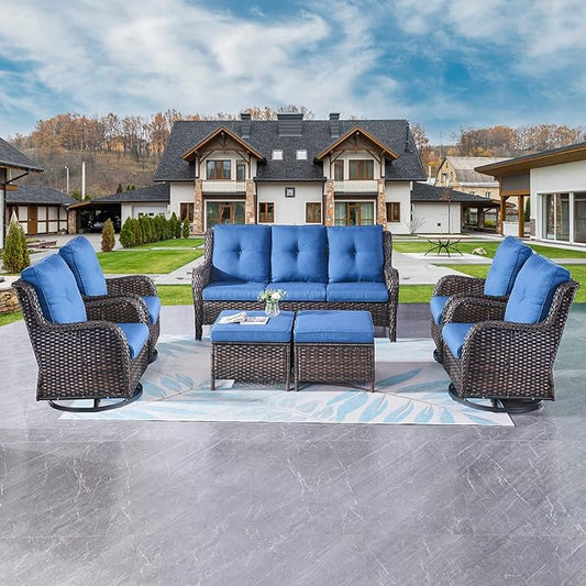 Rilyson Wicker Patio Furniture Set - 7 Piece Rattan Outdoor Sectional Conversation Sets with 4 Swivel Rocking Chairs,2 Ottomans and 1 Sofa for Porch Deck Garden(Brown/Blue)