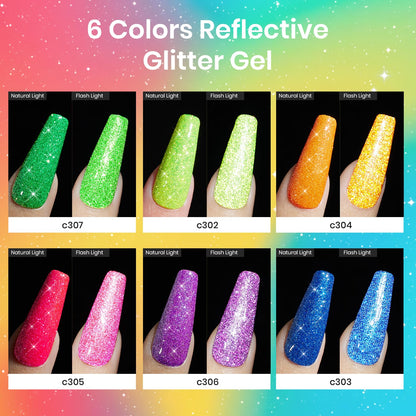 Beetles Glitter Gel Polish Set, 6 Colors Reflective Glitter Nail Polish Set Nails Gel Blue Hot Pink Purple Soak Off Uv Led Sparkly bright Colors Halloween Nail Polish Kit Gift for Women