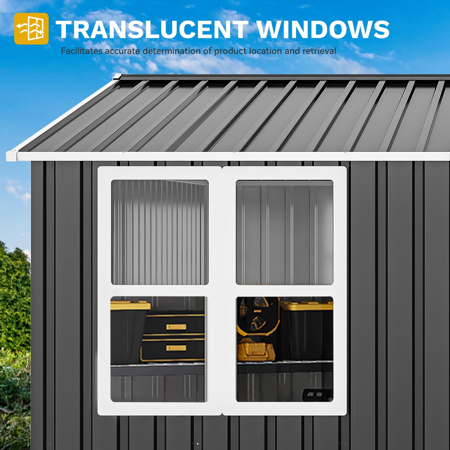DWVO 8' x 6' Outdoor Storage Shed, Waterproof Metal Garden Shed with Windows, Lockable Doors, and Sloped Roof for Patio, Backyard, Lawn, Tool Storage, Bike Shed, Pet Shelter (Gray + White)