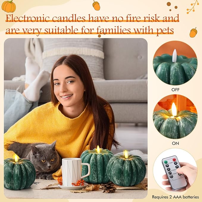 Retisee 3 Pcs Flameless Thanksgiving LED Candle Fall Light up Pumpkin Flameless Candles with Timer Remote Control, 4" 6" h Autumn Farmhouse Rustic Harvest Decor for Home Party(Green)