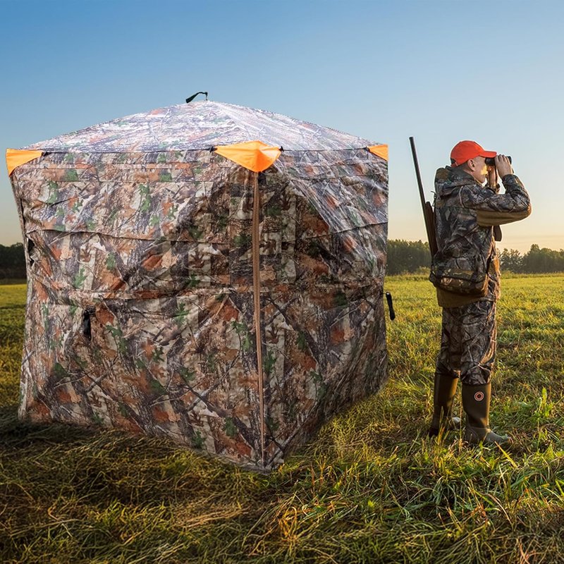 Hunting Blind - 360° See-Through Ground Blind with Chair & Floor Mat | 2-3 Person Camouflage, 58" W x 58" L x 66" H