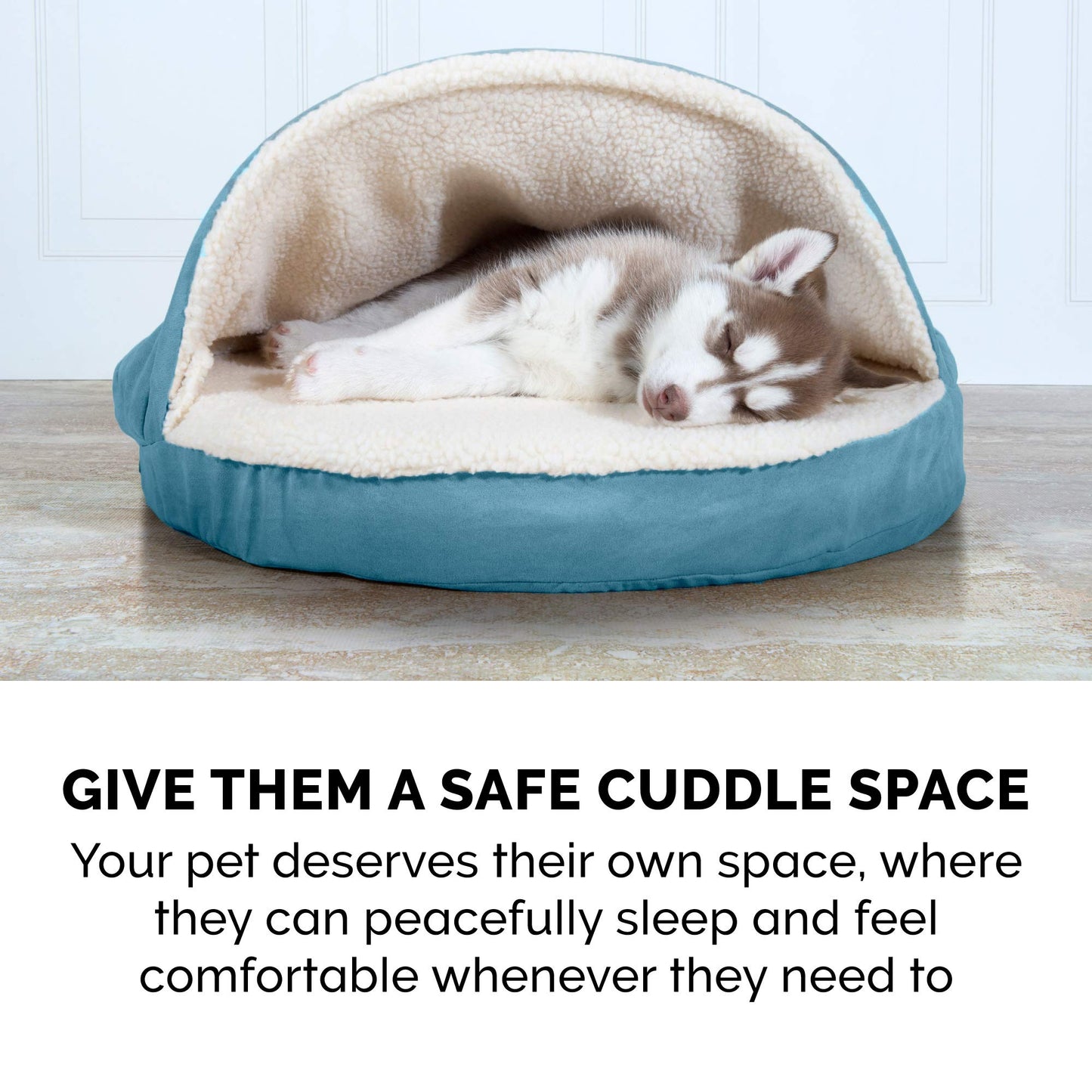 FurHaven Pet Dog Bed | Cooling Gel Memory Foam Orthopedic Round Faux Sheepskin Snuggery Pet Bed for Dogs & Cats, Blue, 26-Inch