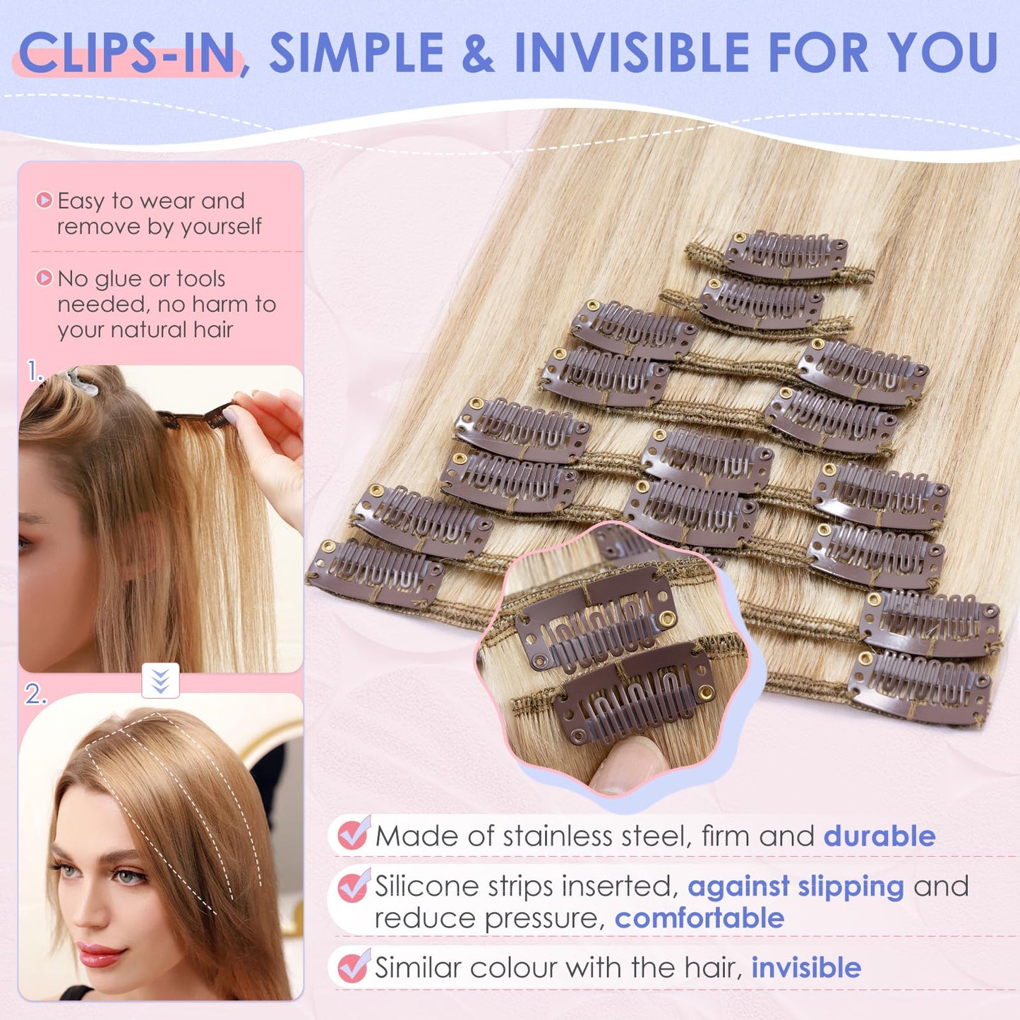 Elailite Clip in Hair Extension Real Human Hair Remy Natural Hair - 8 Pieces (Thin Weft) Full Head Straight - #18/613 Ash Blonde Mix Bleach Blonde - 10 Inch (50 g)