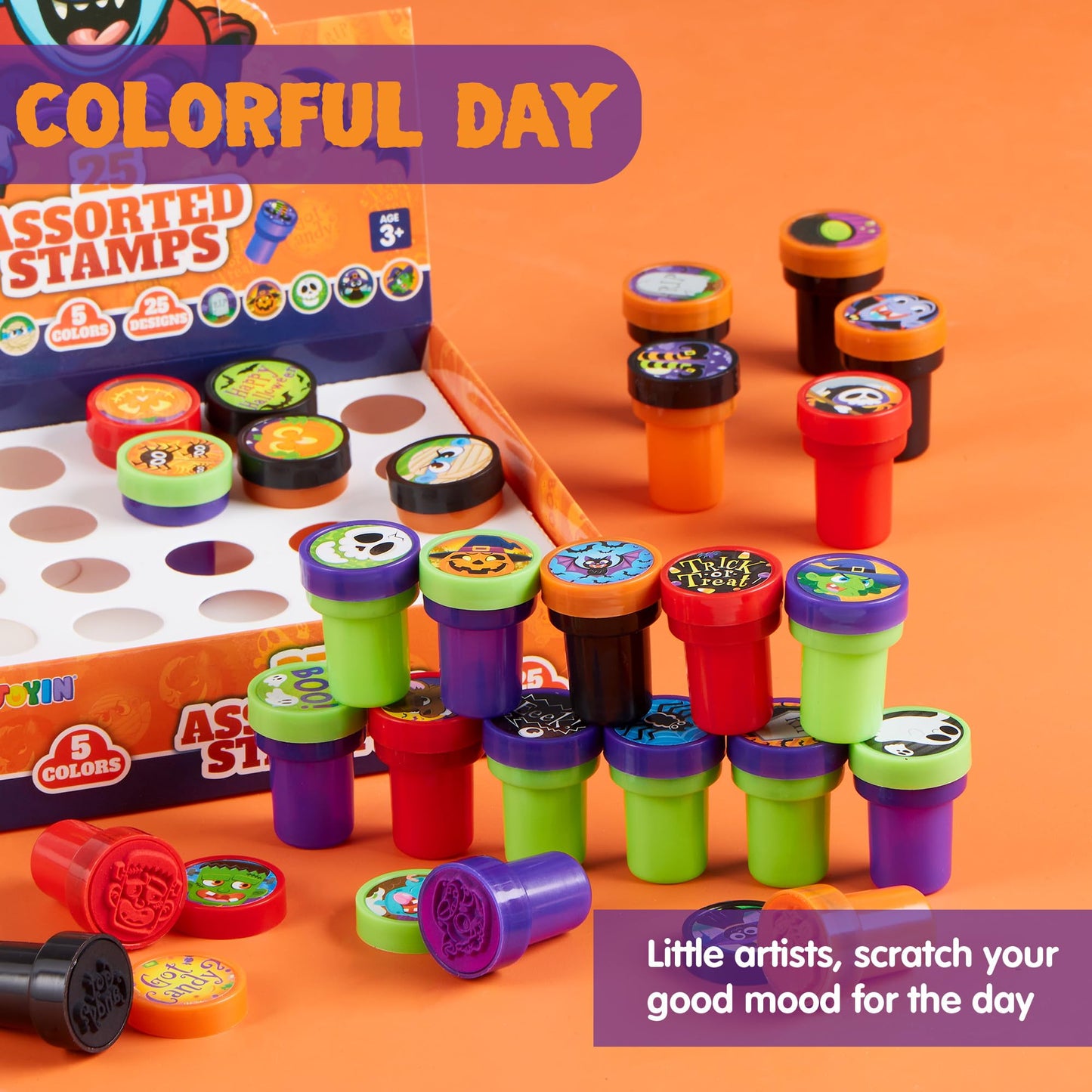 JOYIN 100 Pcs Halloween Stampers for Kids Gift, 25 Designs Assorted Plastic Stamps Bulk for Halloween Party Favors Goodie Bag Fillers, Teacher Student Stamps for Classroom Game Prizes