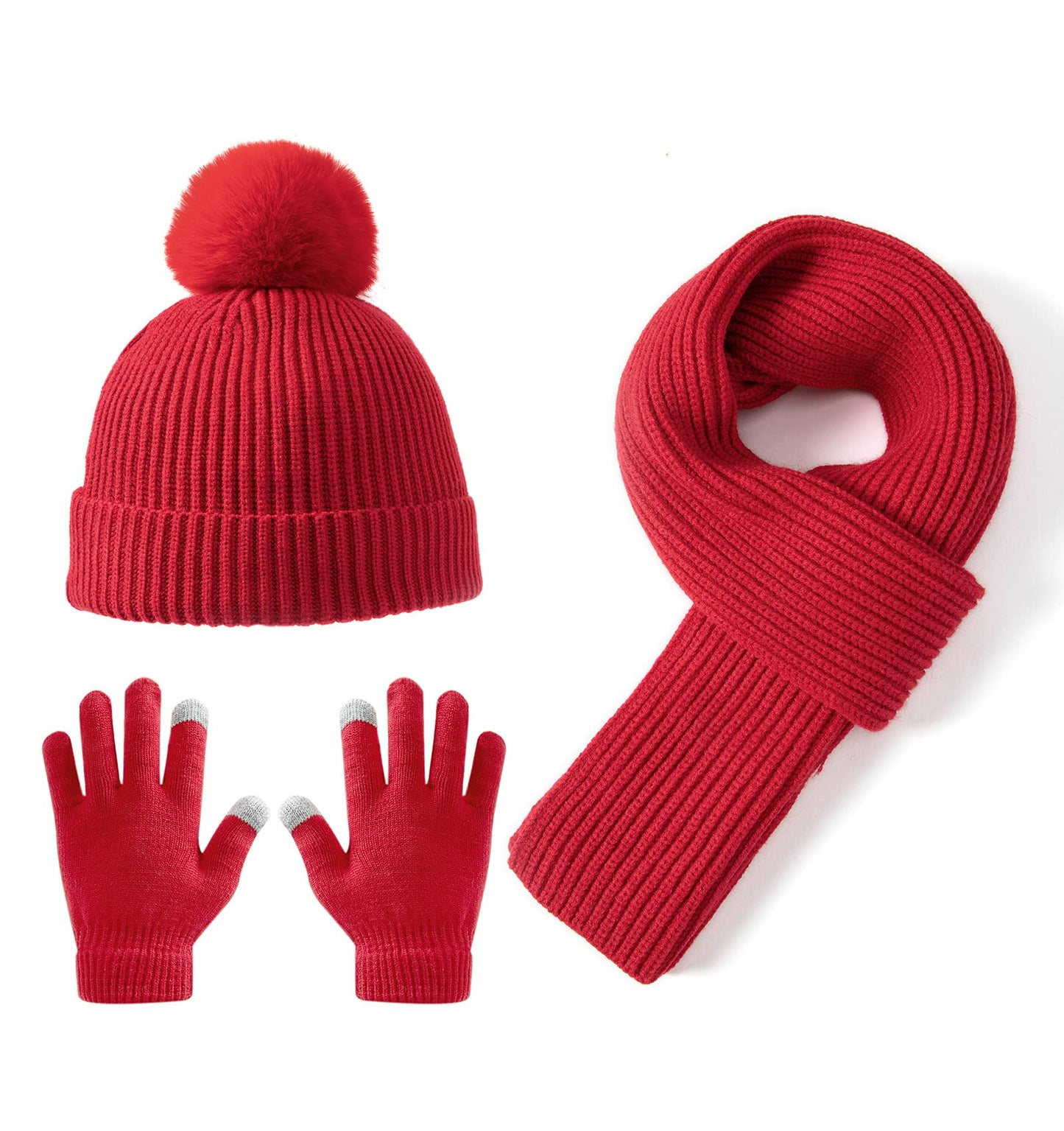 Lallier 3Pcs Kids Hat Scarf and Snow Gloves Set, Winter Knit Warm Soft Pom-Pom Beanie Outdoor for Boys Girls and Toddlers (Red)
