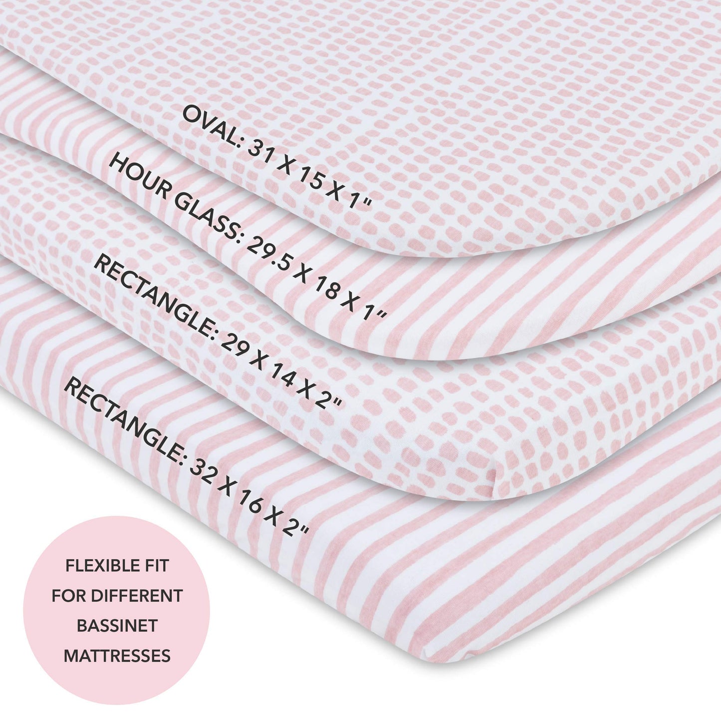 Ely's & Co. Patent Pending Waterproof Bassinet Sheet, No Need for Bassinet Mattress Pad Cover, 2 Pack Mauve Pink Splash & Stripes,for Baby Girl 32" 16"X3"