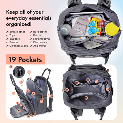 Dikaslon Baby Changing Bag Backpack, Large Baby Bag for Mum and Dad with 19 Pockets, Spacious Nappy Changing Bags with Mat, Pacifier Holder, Stroller Straps, Durable Polysteer (Dark Grey)