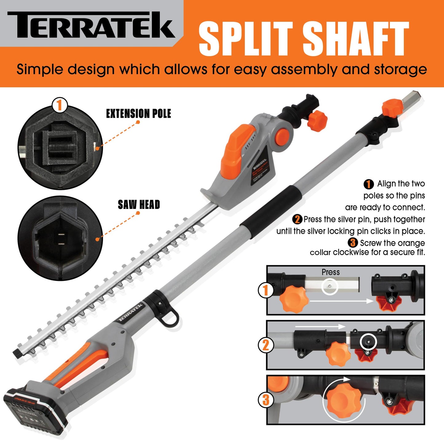 Terratek Cordless Hedge Trimmer Long Reach 20V 1HR Fast Charge, 2.4m Telescopic Hedge Trimmer Cordless Hedge Cutter with 2x Batteries, Shoulder Strap and Charger Included