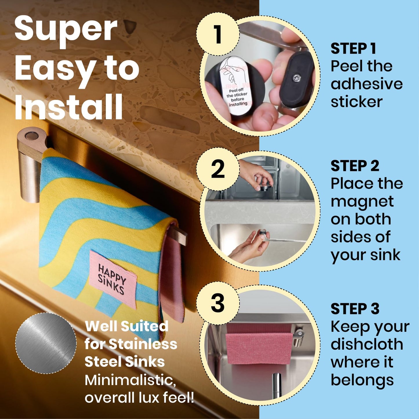 HAPPY SINKS Magnetic Dish Cloth Holder - Suitable for Metal Sinks - Strong Magnetic Backing - Sustainable Kitchen Solution - Wash Rag Hanger - (Steel)